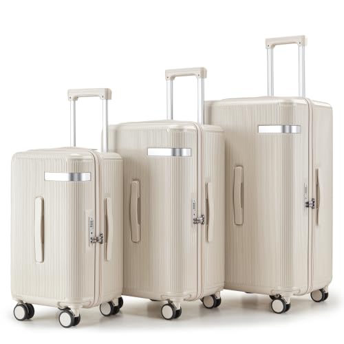 3PCS Luggage Set PC Suitcase with Wheels and Cup Holder, Beige - color: Beige