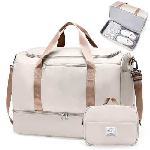 Travel Duffle Bag with Shoes Compartment,Carry-On Weekender Bags for Women - color: Beige & Brown with Toiletry Bag, size: Large