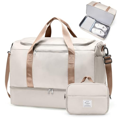 Travel Duffle Bag with Shoes Compartment,Carry-On Weekender Bags for Women - color: Beige & Brown with Toiletry Bag, size: Large
