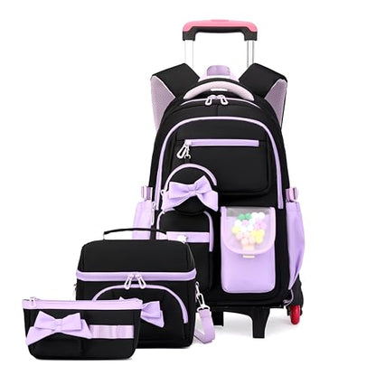 Rolling Backpack for Girls 3PCS Kids Backpack Set Cute Trolley Bags for Elementary Middle High School Wheeled Bookbags - color: 3pcs Black+purple 6 Wheels