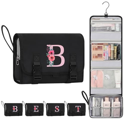 Relavel Bridesmaid Proposal Gifts, Initial Hanging Toiletry Bag, B | Hanging Cosmetic Bag with Metal Hook, Personalized Travel Gifts for Women, Large Capacity Makeup Pouch with Compartments - style: B