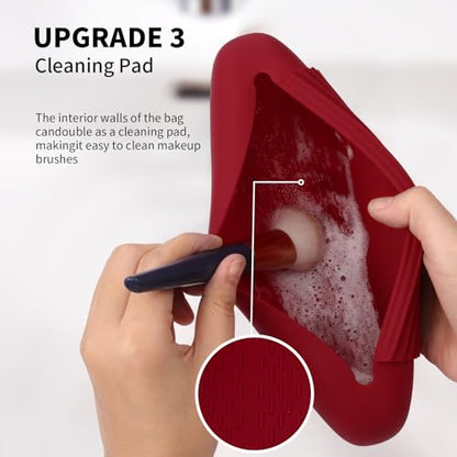 2 IN 1 Silicone Makeup Brush Holder with Beauty Make Up Sponge Holder Case | Soft Portable Cosmetic Face Brushes Holder with Upgrade Anti-Fall Out Magnetic Closure - Red - color: Red, style: Brush Holder & Case