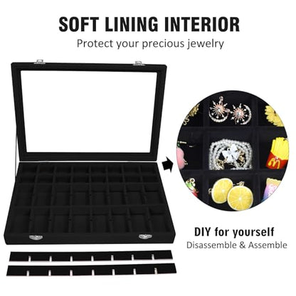 Vicoter 48 Grid Velvet Jewelry Tray Clear Lid Rings Earrings - color: Black, size: 48 Grid