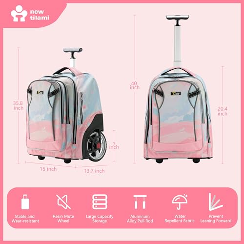 NEW TILAMI 20 Inch Rolling Backpack for School Stair-Climbing Big Wheel - color: Pink Dawn