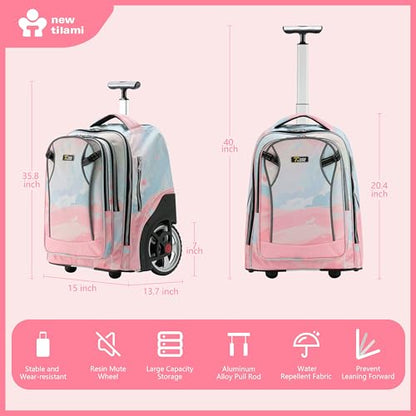 NEW TILAMI 20 Inch Rolling Backpack for School Stair-Climbing Big Wheel - color: Pink Dawn