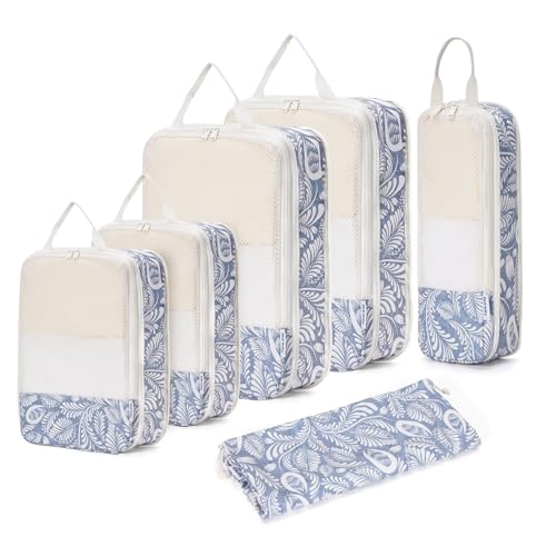 Narwey Compression Packing Cubes for Travel, Cute Luggage Organizer Bags - color: Y-Blue Leaf
