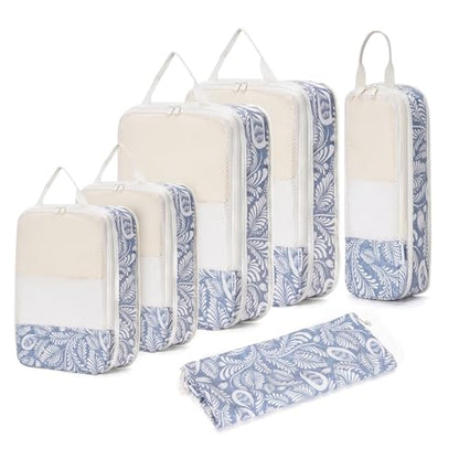 Narwey Compression Packing Cubes for Travel, Cute Luggage Organizer Bags - color: Y-Blue Leaf