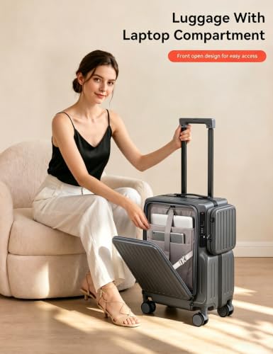 20-Inch Front Opening Carry On Luggage with Detachable Bag, Grey - color: Grey