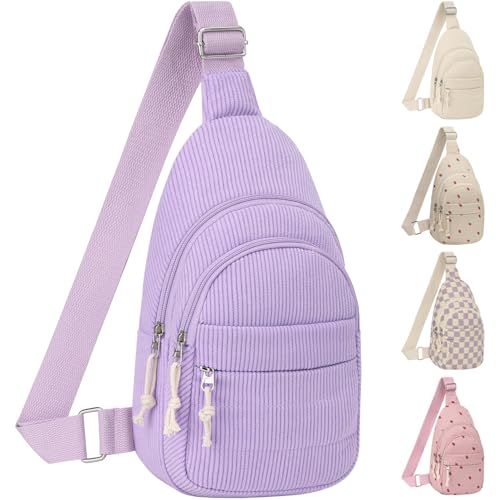 ELONGRIVER Corduroy Small Crossbody Bags for Women Teen Girls Trendy | Cute Sling Bag, Functional Cross Body Purses for Travel Hiking, Purple Purse - color: Purple