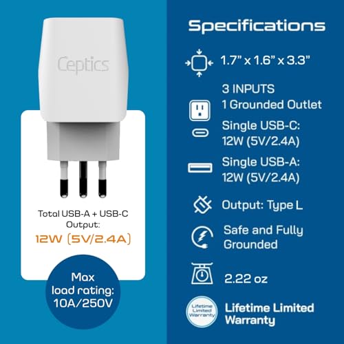 Ceptics Italy, Europe Travel Adapter Plug Set - 2 Pack - with 2 USB + USA Socket Input - Type L and Type C - Ultra Compact - Safe Grounded Perfect for Cell Phones, Laptops, Camera Chargers
