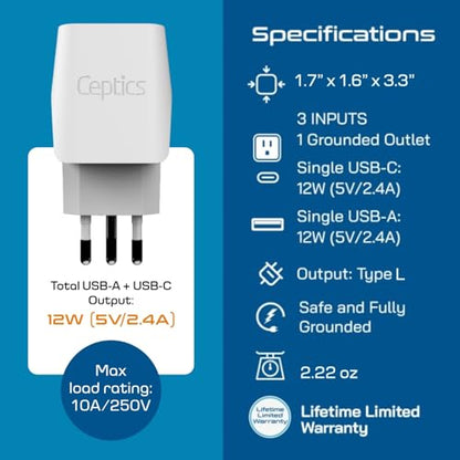 Ceptics Italy, Europe Travel Adapter Plug Set - 2 Pack - with 2 USB + USA Socket Input - Type L and Type C - Ultra Compact - Safe Grounded Perfect for Cell Phones, Laptops, Camera Chargers