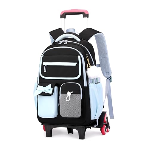Rolling Backpack for Girls Kids Trolley Rolling School Bag Wheeled Backpack for Elementary School Roller Bookbags on 6 Wheels, Black Blue - color: 6 Wheels Black-blue, style: 6 Wheels