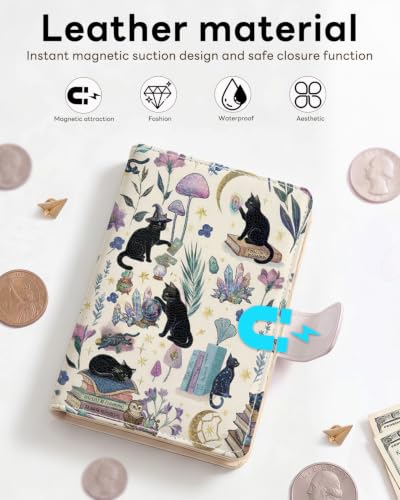 RFID Passport Holder with Tracker Slot, Leather Travel Wallet - color: Magic Cat