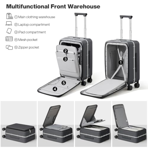 mixi Carry On Luggage, 20'' Suitcase with Front Pocket, Travel Rolling Luggage Aluminum Frame PC Hardside with Spinner Wheels & TSA Lock and Cover - Rock Gray - color: Rock Gray, size: 20-inch