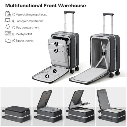 mixi Carry On Luggage, 20'' Suitcase with Front Pocket, Travel Rolling Luggage Aluminum Frame PC Hardside with Spinner Wheels & TSA Lock and Cover - Rock Gray - color: Rock Gray, size: 20-inch