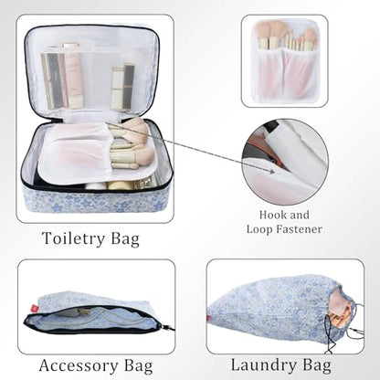 U+U 8 Set Compression Packing Cubes, Travel Organizers (Blue Flower) - color: Blue Flower, size: 8 Set