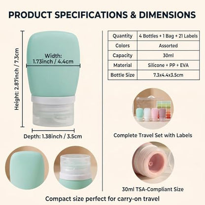 4 Pack 1oz/30ml Travel Bottles for Toiletries, Leak Proof Refillable Silicone Squeezable Travel Accessories with EVA Bag & Labels for Shampoo Conditioner Lotion Liquids & To Go Use - color: D