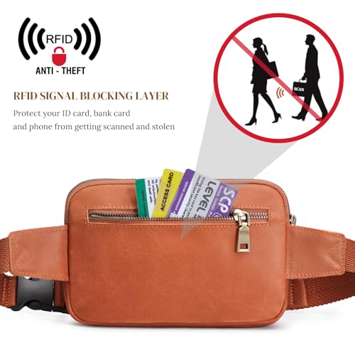 S-ZONE Fanny Packs for Women Genuine Leather RFID Blocking Crossbody Sling - color: Cognac