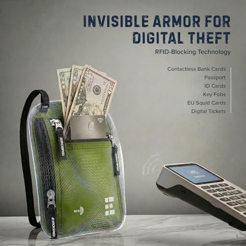 Zero Grid RFID Travel Neck Wallet, Large Passport Holder, Green - color: Green, size: Solo/Couple