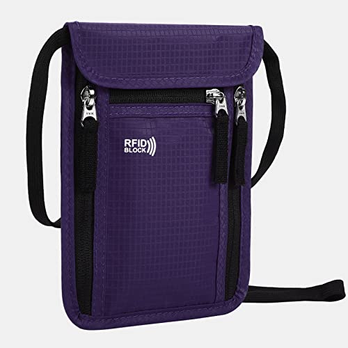 Travel Pouch Neck Wallet Family Passport Holder Organizer Case with RFID Blocking - color: Purple