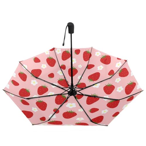 Automatic Auto Open Close Compact Printed Travel Umbrella for Rain Water-Resistant Mini Small Size Lightweight Folding Umbrella - color: Strawberry