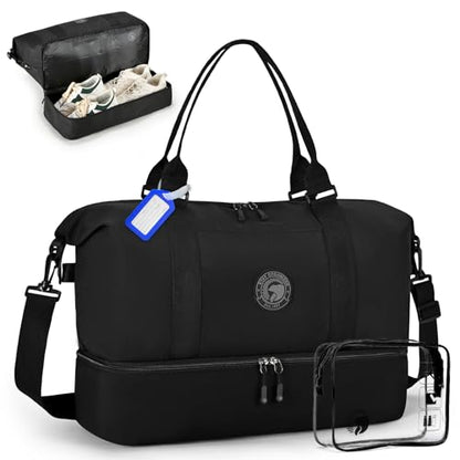 Travel Duffel Bag 18x14x8 Personal Item Bag with Shoe Compartment - color: Black