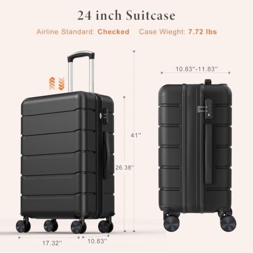 Sweetcrispy 24 Inch Checked Luggage, Hard Shell Suitcase, Black - color: Black, size: 24 Inch