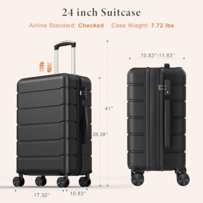 Sweetcrispy 24 Inch Checked Luggage, Hard Shell Suitcase, Black - color: Black, size: 24 Inch
