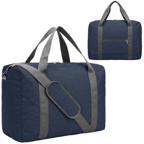 30L Foldable Underseat Travel Duffel Bag: Lightweight Carry On Luggage for Women & Men, Waterproof Overnight Bag, Gym Sport Holdall, Hospital Tote with Trolley Sleeve (17.3"x13.8"x7.9") - color: Navy Blue
