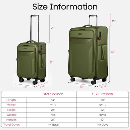 2-Piece Set(22/32in) Upright Spinner Softshell Luggage Sets - color: Green, size: 2-Piece Set (22 inch/32 inch)