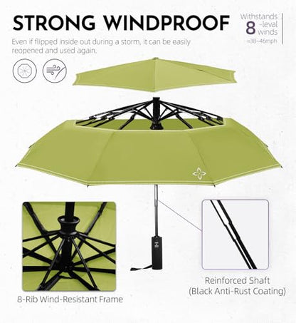 Windproof Travel Umbrella, Compact auto open/close Umbrellas for Rain - color: Green
