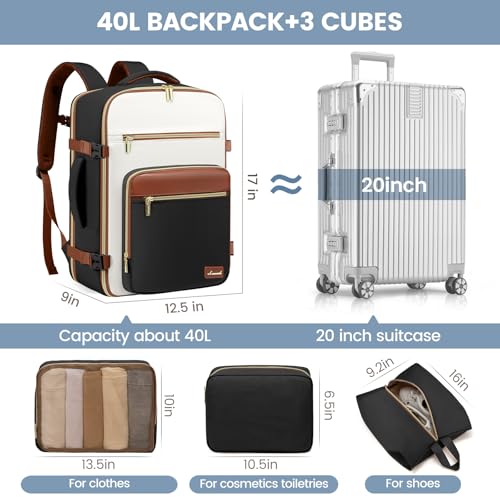 LOVEVOOK Travel Backpack For Women,40L Carry On TSA Personal Item Bag - color: Brown and White and Black, size: 17.3 Inch-40L-4Pcs