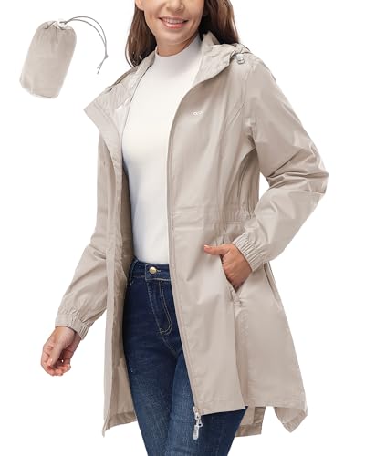 33,000ft Women's Waterproof Long Rain Coats Packable Rain Jacket with Hood - color: Beige, size: X-Large