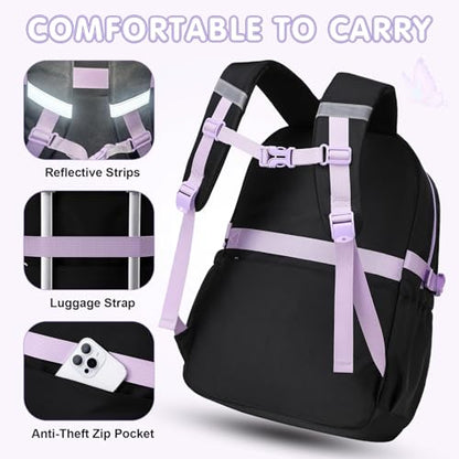 GeeWin Girls Backpack for School Cute Bow with Lunch Box & Pencil Case Set - color: Black Purple