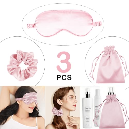 3Pcs Satin Eye Mask Silk Sleep Masks Set Silky Blindfold Eyeshade Blackout Eyes Cover Pouches Bag Scrunchy Wedding Gift-Color: Pale Pink - color: Pale Pink