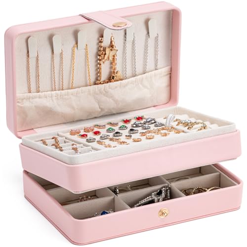 Travel Jewelry Case, 2-Layer Large Jewelry Organizer Box, Pink, PU Leather - color: Pink-P, size: Large-2 Layer