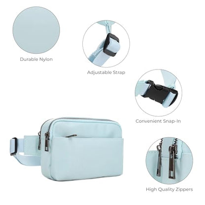 Jessie & James Crossbody Nylon Waist Pack with Adjustable Buckle Strap Fashion Multi Pocket Belt Bag | Light Blue - color: Light Blue