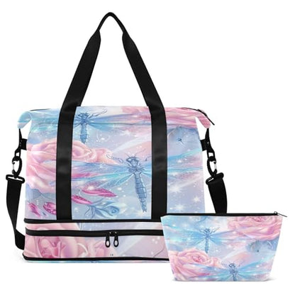 Weekender Bag for Women, Gym Sports Duffle Travel Tote with Toiletry Bag Shoes Compartment - color: Dragonfly 6