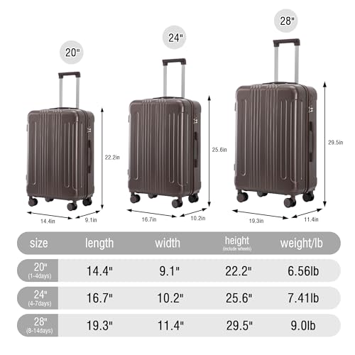 Hardshell Luggage Sets, Lightweight Stripes Suitcases with Spinner Wheels, Brown-222 - color: Brown-222, size: 20/24/28 Inch