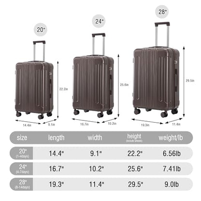 Hardshell Luggage Sets, Lightweight Stripes Suitcases with Spinner Wheels, Brown-222 - color: Brown-222, size: 20/24/28 Inch