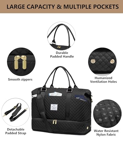 Travel Weekender Duffle Bag for Women: Overnight Bags with Shoe Compartment - color: 1-Black, size: X-Large