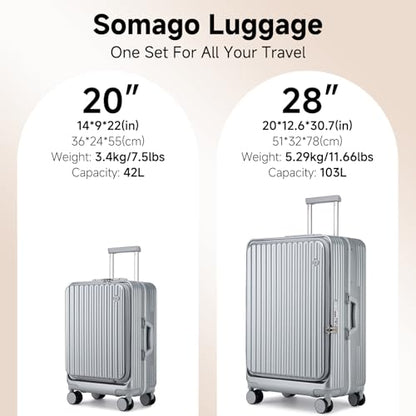 Somago Lightweight 2 Piece Luggage Set, 20" Front Opening 28" Side Opening with Cup Holder Spinner Wheels with Brake and USB Charging 100% PC Hardshell Suitcase with TSA Lock,Silver - color: Silver, size: 2-Piece Set (20-Inch/28-Inch)