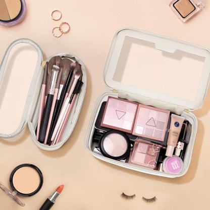 Soimeat Travel Clear Makeup Bag with Makeup Brush Bag, Leather Makeup Case Toiletry Bag, Portable Cosmetic Bag Case, Transparent Waterproof Cosmetic Organizer Storage Bag for Women, Medium, Off-White - size: M