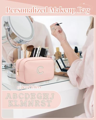 VLANDO Cosmetic Travel Bag with Pearl Monogram Patch,Pink C - color: 03-Pink-C