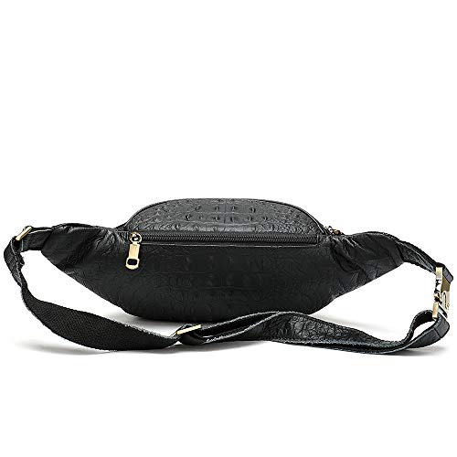 Genuine Leather Fanny Pack large capacity Crossbody Waist Bag with Zipper phone Pockets crocodile black - color: Black Croco