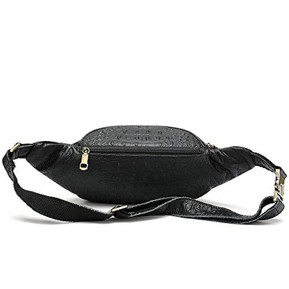 Genuine Leather Fanny Pack large capacity Crossbody Waist Bag with Zipper phone Pockets crocodile black - color: Black Croco
