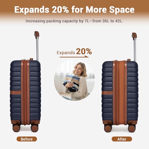 Kono Expandable Carry On Luggage 22x14x9 Airline Approved with Spinner Wheels, 20 Inch Durable PC+ABS Hardshell Travel Suitcase Rolling Luggage with Lock, Navy/Brown - color: Navy/Brown, size: Carry-on 20-inch