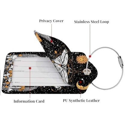 Mushrooms Moth Moon Star 2 Pack Luggage Tags, Unique Leather Suitcase Tags Identifiers with Privacy Name Address Labels & Durable Steel Loop