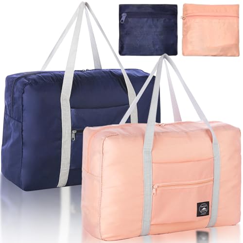 Foldable Travel Duffel Bag 2PCS Tote Carry on Luggage Bag Spirit Airlines Personal item Sports Gym Bag Water Resistant Weekender Overnight Bags for Women and Men (Pink+Blue) - color: Pink+Blue