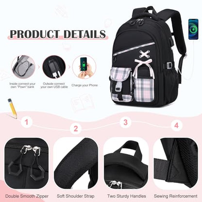 DIGOBAY Backpacks for Girls 3PCS School Backpack Lunch Box Pencil Pouch - color: Blackpink